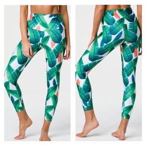 Onzie Tropical Leaf Print High-Waist Leggings - Green & White with Coral Accents